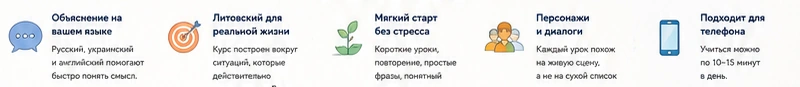 Преимущества Labas Lingua: объяснение на вашем языке, реальная жизнь, мягкий старт, персонажи, телефон