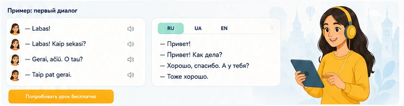 Пример первого диалога с переводом и аудио