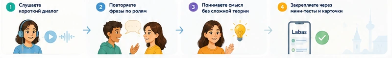 Четыре шага обучения: слушаете диалог, повторяете фразы, понимаете смысл, закрепляете через мини-тесты